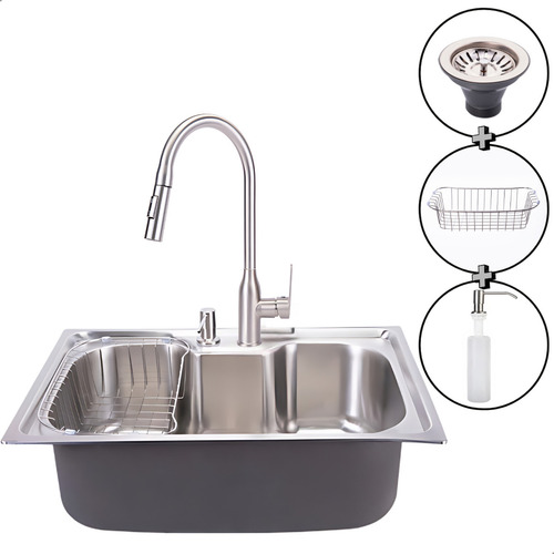 Kit soft inox cuba pia cozinha gourmet aço inox 60x40 con torneira escovada monocomando e acessórios