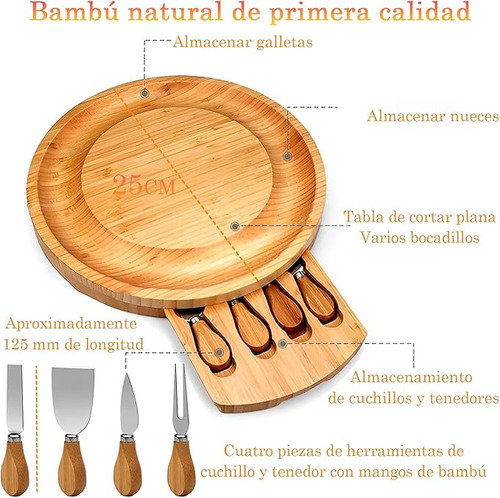 Juego De Tabla Para Quesos Madera De Bambú Con 4 Cuchillos