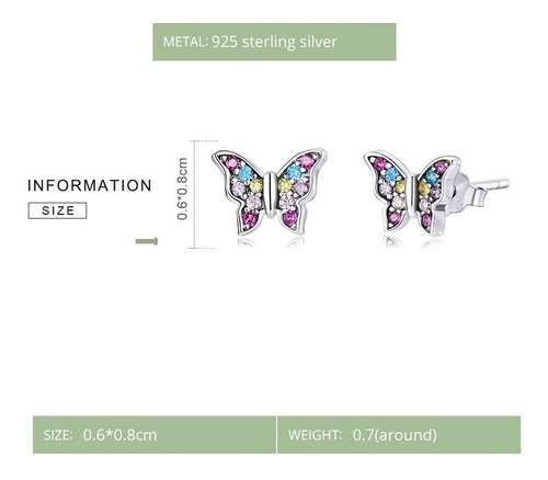 Aros De Plata 925 Con Circones Diseño Mariposa Multicolor