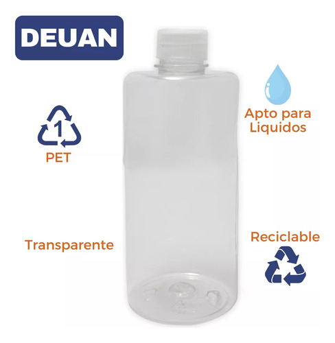 Envase Botella Deuan Modelo Santa Fe 1000 Ml Pack Por 25 Unidades Con Tapa Blanca Resistente A Golpes Y Caídas Transparencia Cristalina Cuello De 28 Mm Cierre Hermético Superficie Ideal Para Etiquetas Blanco