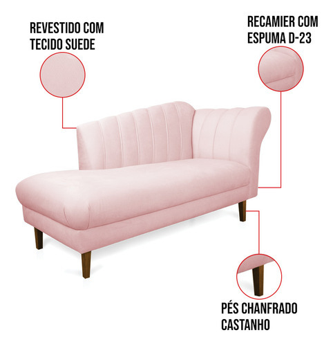 Divã Recife Suede 165 Cm Pés Chanfrado Castanho - D'rossi Cor Rosa Bebê