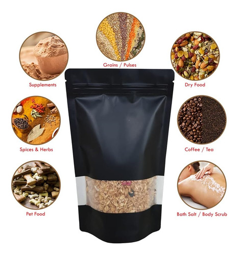 100 Bolsas Stand Up Pouch Negras Con Ventana Para 40g