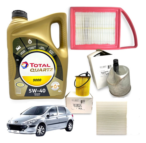 Kit 4 Filtros + Aceite Total 9000 Peugeot 308 408 1.6 Hdi