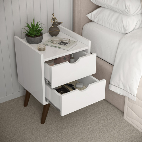 Mesa De Cabeceira 2 Gaveta Juma Quarto Retrô Pés Antiumidade Acabamento Brilhante Cor Branco