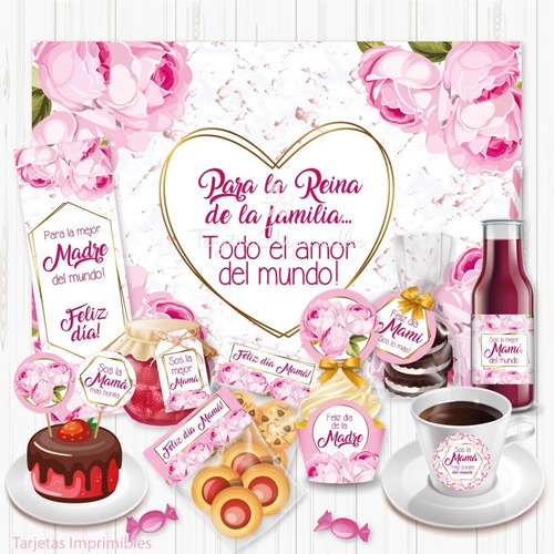 Kit Imprimible Desayuno Dia De La Madre Flor Rosa Editable