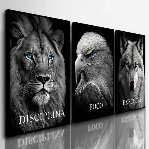 Quadros Decorativos Leão Águia Disciplina Motivação 3 Peças . Borda Infinita