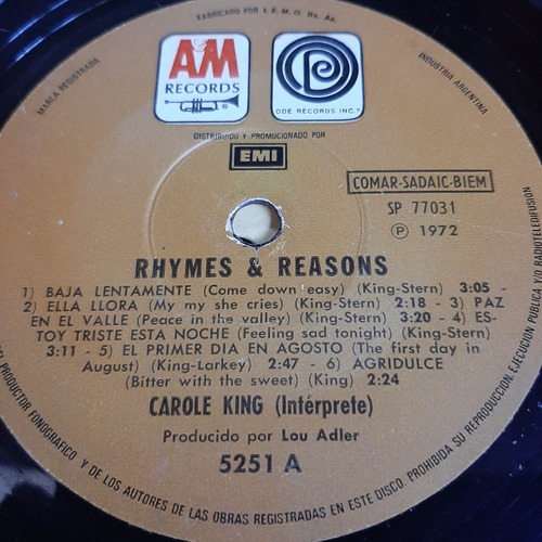 Sin Tapa Disco Carole King Rhymes & Reasons Si0