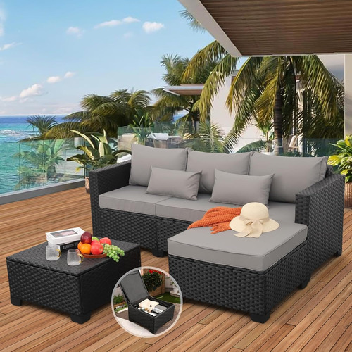 Juego De Muebles Sofa De Rattan Exterior Patio Negro 7 Pz Gris