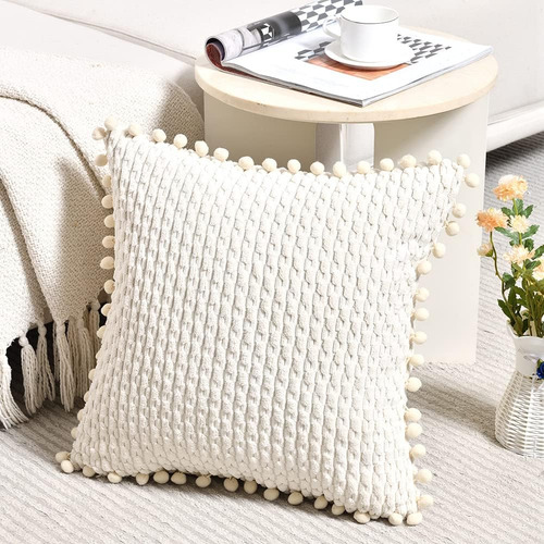 2Pzas Funda de Cojines Decorativa Bohemia Cuadradas de Pana para Sofás y Dormitorios Color Blanco 45x45cm