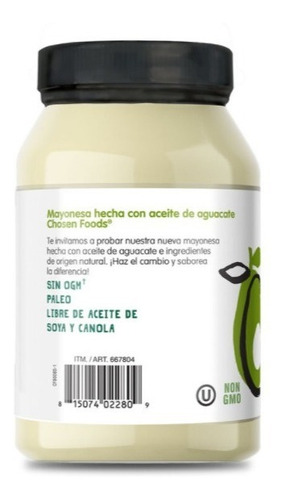 Imagen 2 de 3 de Mayonesa De Aceite De Aguacate Sin Gluten Chosen Foods 946ml