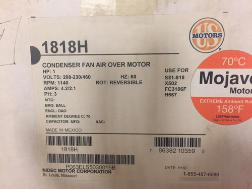 Imagen 2 de 3 de Motor Ventilador 1 Hp 220/460v 1140 Rpm Us Motors Chillers