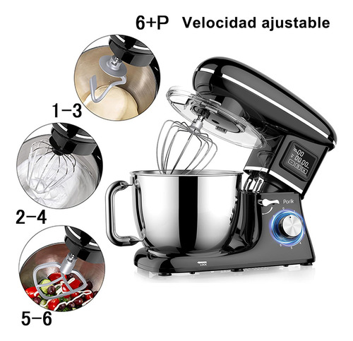 Batidora De Pie Eléctrica, 1350 W 6.5 L Con Tazón De Acero Inoxidable Y Asa, 6 Velocidades + Función Pulso, Gancho Para Masa, Batidor Y Varilla, Temporizador Lcd Para Hornear Pan, Pasteles, Galletas