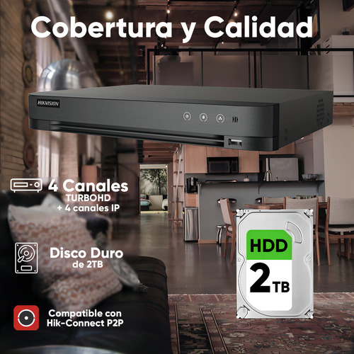 Hikvision Kit De 4 Cámaras De Seguridad Metálicas Eyeball Turbohd 4k 8mp Exterior Ip67 + + Dvr 8mp 4 Canales Turbohd + 4 Canales Ip + 2tb Hdd Modelo Ids2ce76u0t-plus+2tb
