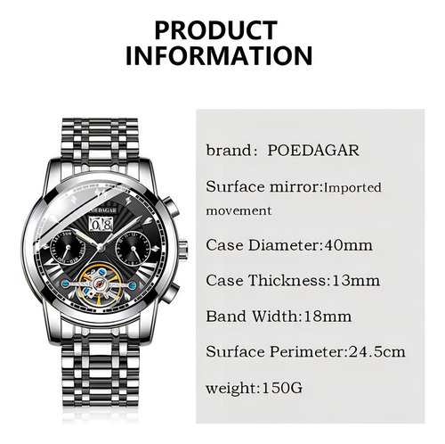Relógios automáticos luminosos Poedagar Tourbillon para homens, cor de fundo: prata, ouro, branco