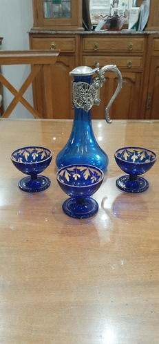 Antigua Licorera Con Tapa Y Tres Copas Azules (Usado)