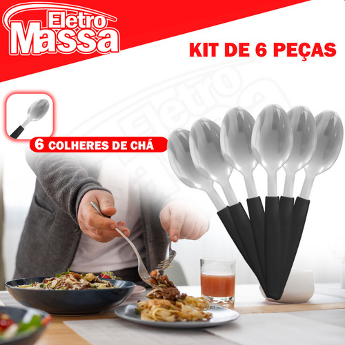 Conjunto 6 Colheres De Chá Aço Inox Com Cabo Pvc Preto Multiuso Profissional Cor Preto