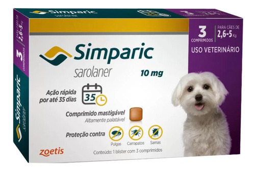 Simparic 10mg Antipulgas Para Cães 2,6 Á 5kg C/3 Comprimidos