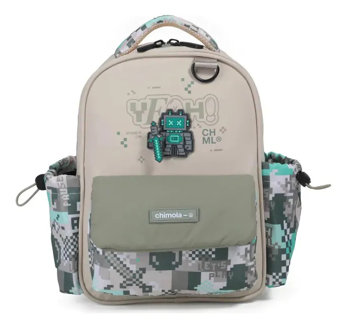 Mochila Chimola Yaho! Escolar de Nylon Beige con Bolsillo para Botella