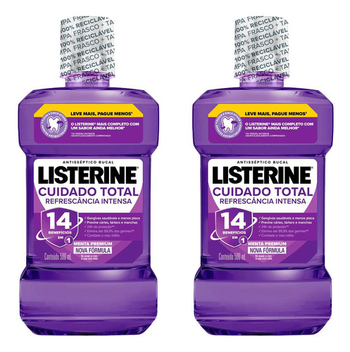 Kit Com 2 Antissépticos Bucal Listerine Cuidado Total 500ml