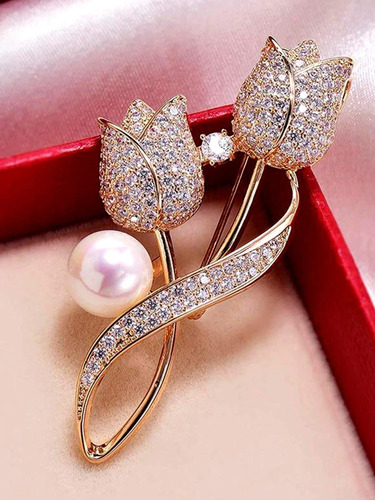 Elegante Broche De Tulipan Con Perla Flor Rosa Pin Moda