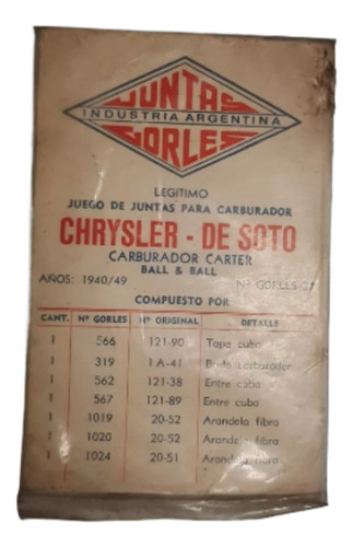 Juntas Carburador - Chrysler De Soto - C. Carter Ball Y Ball