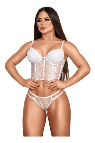 Conjunto Lingerie Cropped Rendado Com Tule Yaffa Ref.y7089