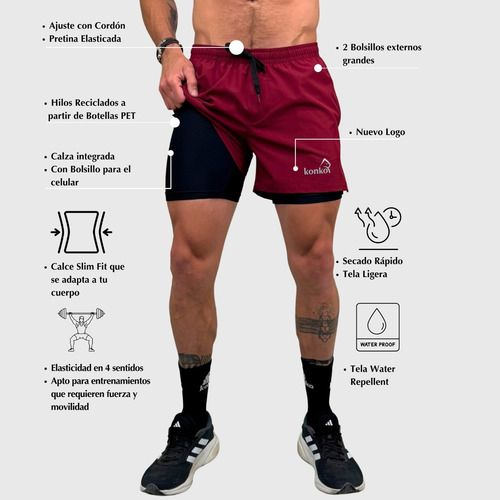 Short Deportivo Burdeo Hombre Con Calza Integrada Konko