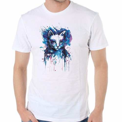 Remera De Mujer Gato Estilo Watercolor Cat Blue Felino Azul