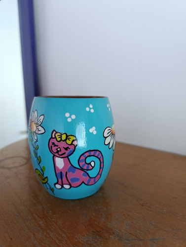 Mate Madera Pintado A Mano Gatito + Bombilla Color Azul Acero Gatitos