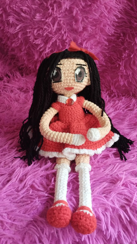 Muñeca Anime Tejida A Crochet 32cm Aprox Rojo