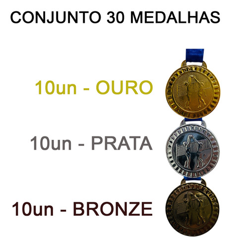 Conjunto Medalhas De Volei 30un Ouro Prata Bronze Ø45mm Top Cor Sortidas