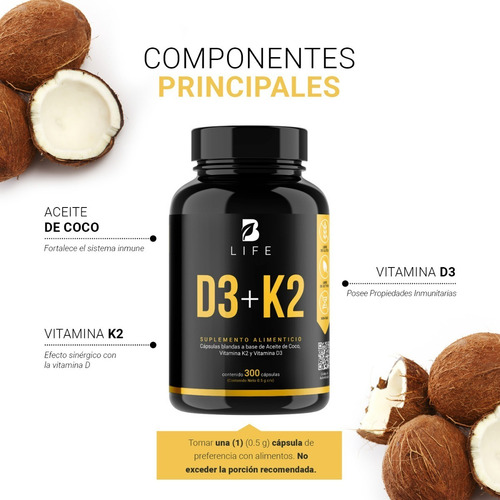Imagen 3 de 5 de Vitamina D3 400 Ui + K2 300 Cápsulas B Life
