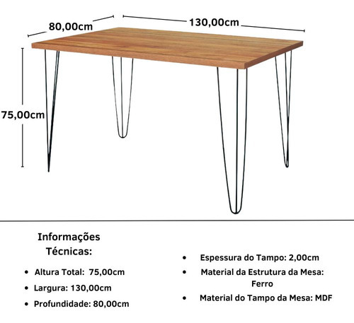 Mesa De Jantar Hairpin Natural 130x80cm + 6 Cadeiras Allegra