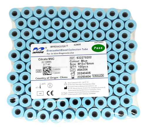 Tubo Tapa Celeste 2,7ml ( Citrato De Sodio 3,2% ) 100 Tubos
