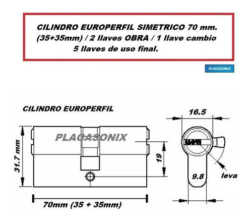 Imagen 2 de 9 de Cilindro Europerfil 70mm 35/35 Simetrico Leva Llaves Obra