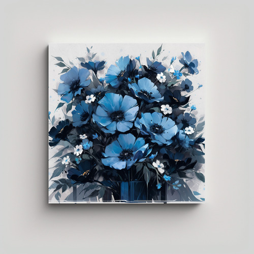 60x60cm Cuadro Flores Negras Y Azules En Tela Bastidor Mader