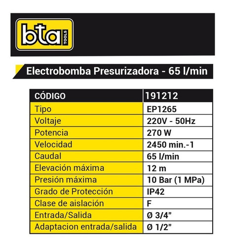 Bomba Presurizadora Elevación 12 Mts 65 L/min Bta 270w 3/4