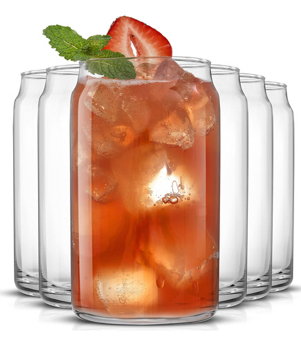 JoyJolt Juego de vasos de vidrio para beber de 6 a 16 onzas. Vasos de vidrio con forma de lata de soda transparente, lindos vasos de taza de café helado, cristalería para bebidas frías, agua única