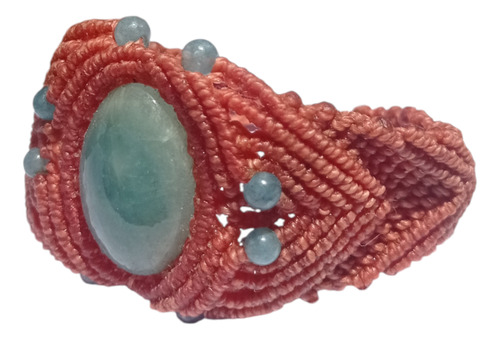 Pulsera Con Aguamarina Y Esferas De Aguamarina En Macramé Agua, Salmón 5 Cm 32 Cm