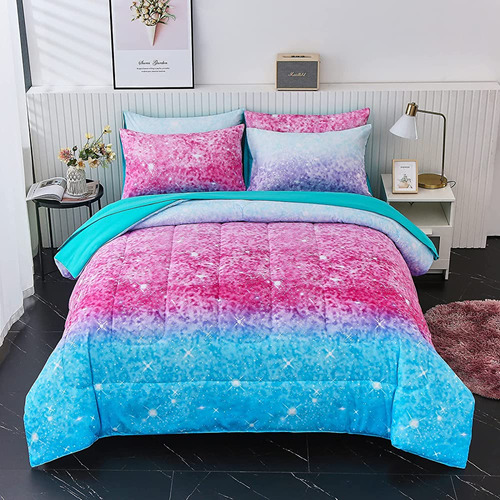 Inron Pink Glitter Comforter Sets Para Niñas Mujeres, Cama C