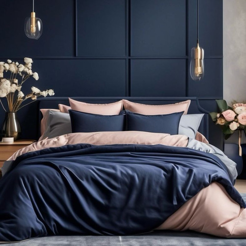 Capa De Edredom Avulsa Casal 400fios Micropercal Zíper Duvet Cor Azul-marinho