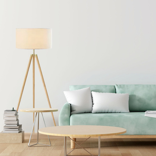 Lámpara De Pie Trípode De Madera Natural 154 Cm Con Pantalla Pantalla Blanco
