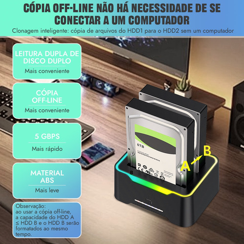 Dock Station Dual Hd Ssd Sata 2.5 E 3.5 Usb 3.0 Botão Clone