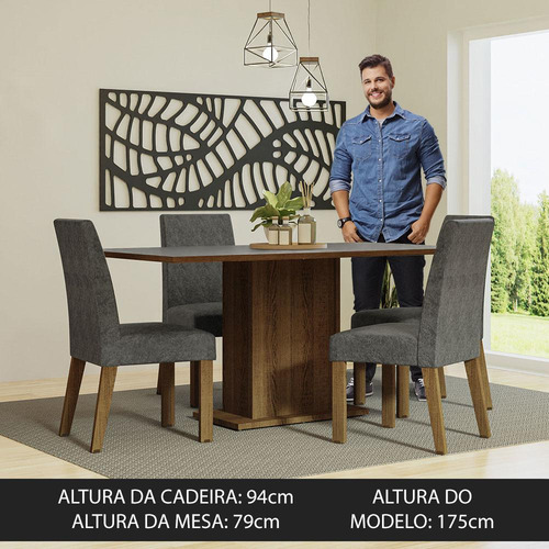 Sala Jantar Mesa Tampo Madeira 4 Cadeira Rcis Keila Madesa Cor Rustic/Cinza/Silver Desenho do tecido das cadeiras Liso