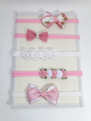 Imagem 10 de 10 de Faixa Cabelo Bebe Em 5 Tiaras Na Meia De Seda Recem Nascidos