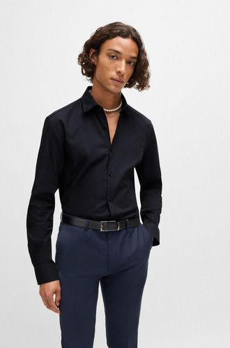 Camisa Slim-fit Em Algodão Jacquard Com Logo Hugo