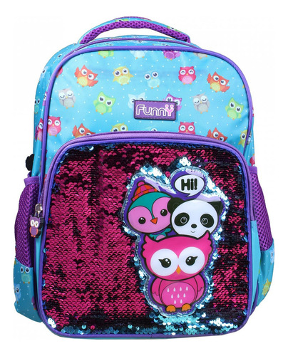 Mochila Média Bichinhos Panda Coruja Lantejoula Costas Yepp Cor Azul