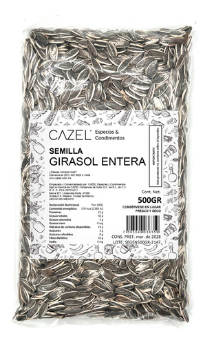 Semilla De Girasol Cruda Entera Con Cascara Natural 500g