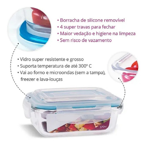 Imagem 2 de 8 de Pote Vidro Retangular 370ml Tampa Hermética Casa Linda
