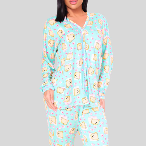 Pijama De Frio Feminino Americano Com Botão Macio Em Suede